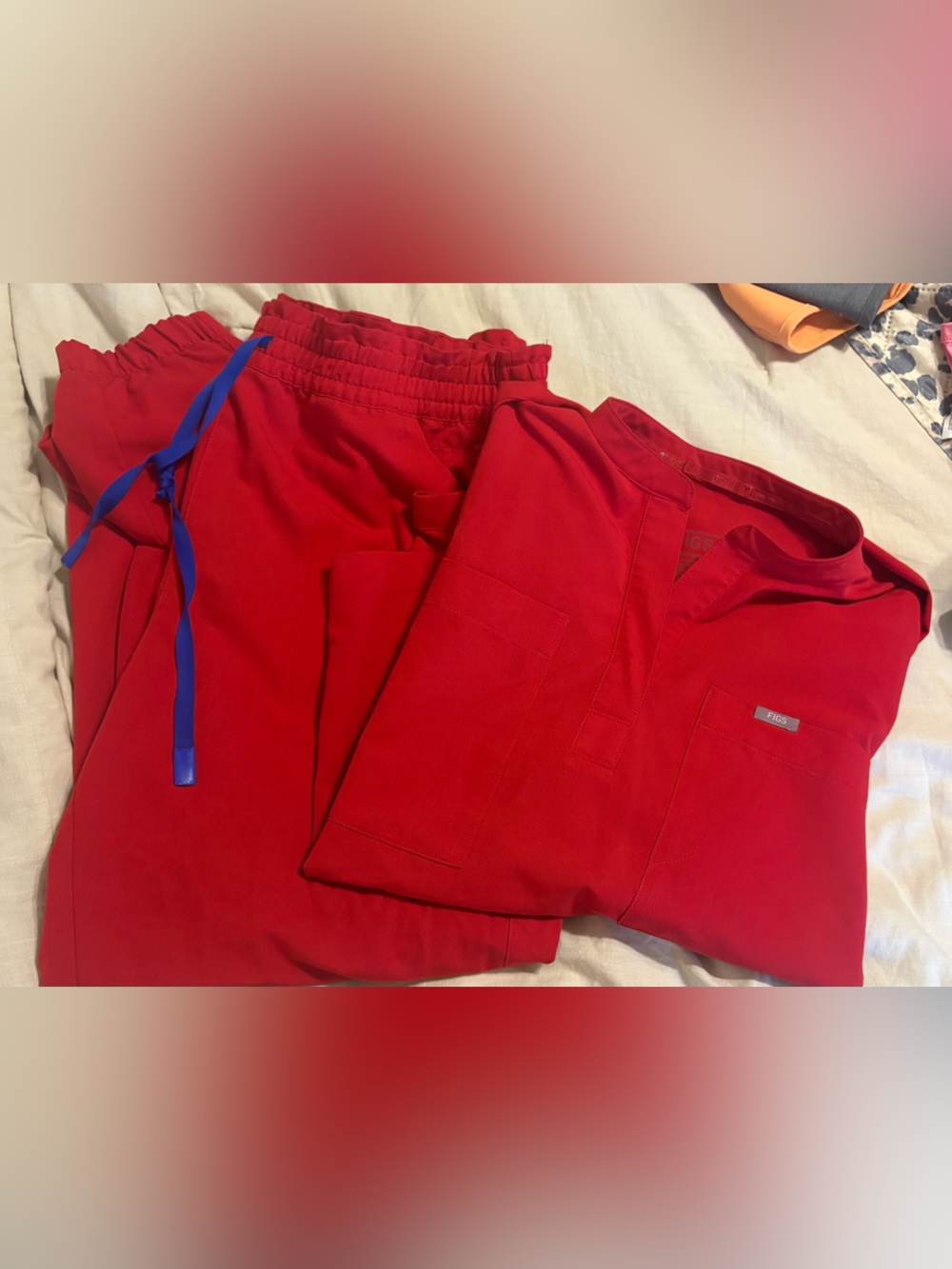 Figs Women's Scrub Set in Red with Blue Drawstring